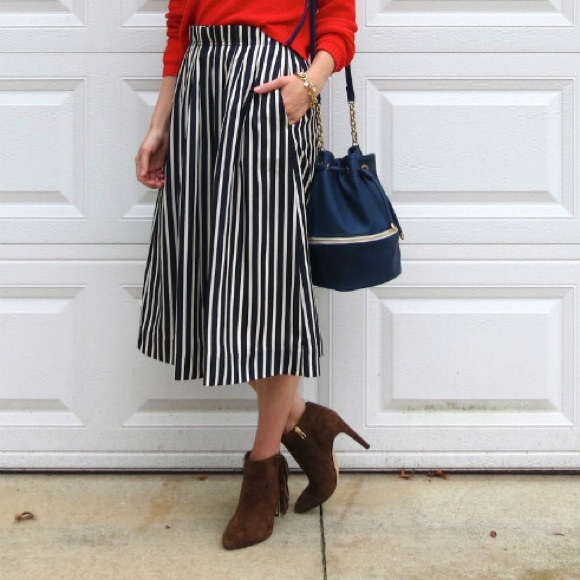 🆕 J Crew Pleated Midi Stripe Skirt Navy & White - Picture 1 of 16